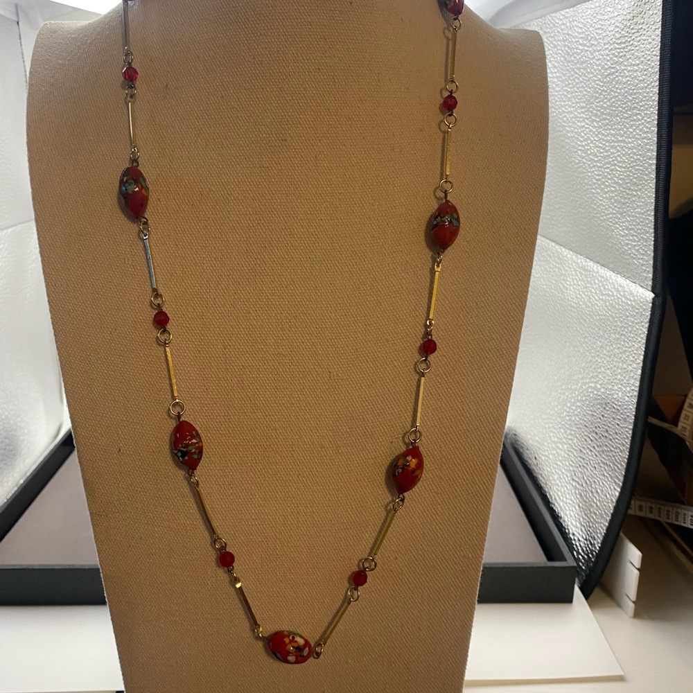 Vintage Murano Glass Millefiori Red Bead Necklace with gold tone link rods. - Picture 1 of 13